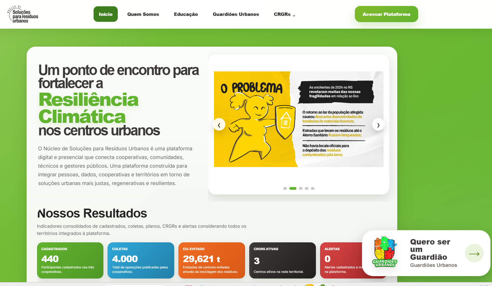Captura da página inicial de NSRU — Núcleo de Soluções para Resíduos Urbanos